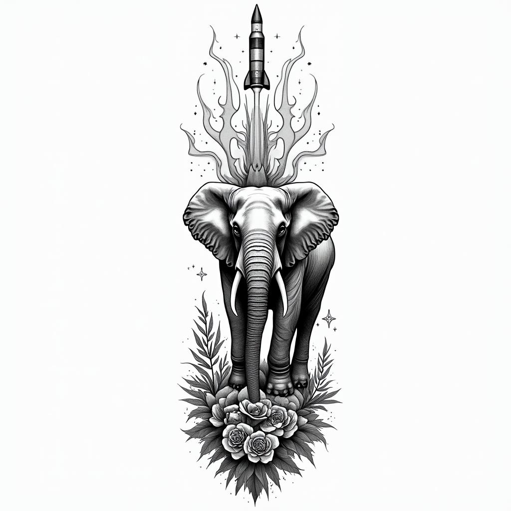 Design a black and grey tattoo for the inner right forearm in a surreal, geometric fine-line style. The composition should flow vertically down the arm and balance realism with abstract elements. Key elements include:
	•	A realistic elephant, symbolizing strength and memory, as the central figure.
	•	A mythical blacksmith figure (inspired by ancient Roman lore), forging at an anvil with geometric flame and hammer motifs around him — representing creativity and transformation.
	•	The Alabama state flower (camellia) delicately wrapped near the lower portion of the design, blending into the geometric flow.
	•	The Saturn V rocket launching upward near the upper portion, its plume formed with abstract, linear smoke patterns breaking into space.
	•	Integrate the Roman numeral “LX” (60) subtly into a mechanical or astrological element.
	•	Use soft gradients, negative space, and fine dotwork to tie the elements together with a mystical, introspective tone.higly detailed tattoo - Variation 4