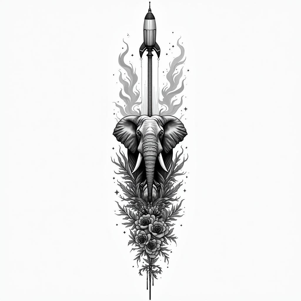 Design a black and grey tattoo for the inner right forearm in a surreal, geometric fine-line style. The composition should flow vertically down the arm and balance realism with abstract elements. Key elements include:
	•	A realistic elephant, symbolizing strength and memory, as the central figure.
	•	A mythical blacksmith figure (inspired by ancient Roman lore), forging at an anvil with geometric flame and hammer motifs around him — representing creativity and transformation.
	•	The Alabama state flower (camellia) delicately wrapped near the lower portion of the design, blending into the geometric flow.
	•	The Saturn V rocket launching upward near the upper portion, its plume formed with abstract, linear smoke patterns breaking into space.
	•	Integrate the Roman numeral “LX” (60) subtly into a mechanical or astrological element.
	•	Use soft gradients, negative space, and fine dotwork to tie the elements together with a mystical, introspective tone.higly detailed tattoo - Variation 2