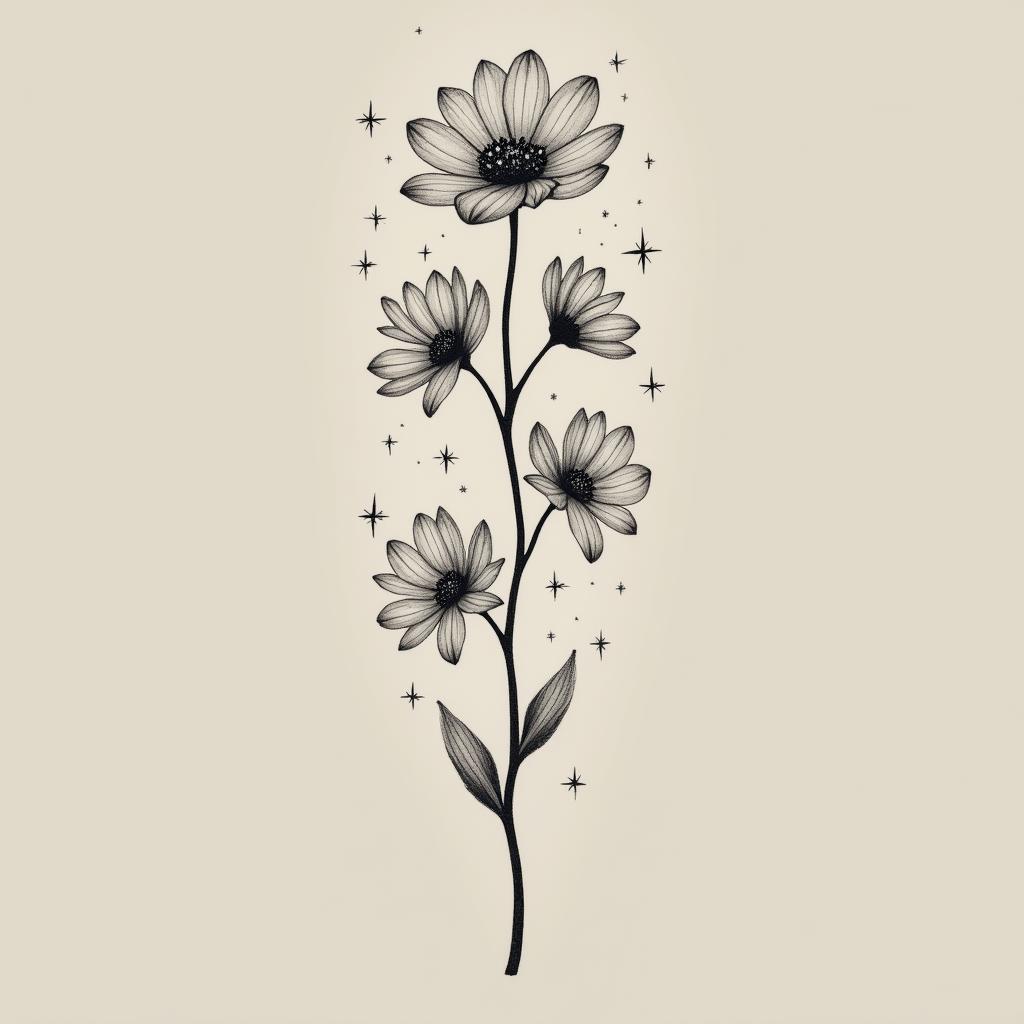 A minimal yet elegant tattoo design featuring forget-me-not flowers intertwined with stars, symbolizing connection and cherished moments with a loved one. Themes of hope and beauty depicted in monochrome style. Include the lyrics: 'and if you get lost in the light it’s okay, I can see in the dark.'undefined