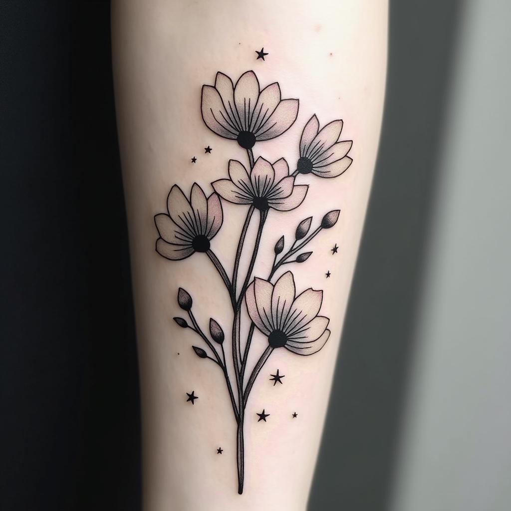 Beautifully designed monochrome tattoo of forget-me-not flowers entwined with stars, embodying connection. Incorporate the meaningful lyrics: 'and if you get lost in the light it’s okay, I can see in the dark.'undefined