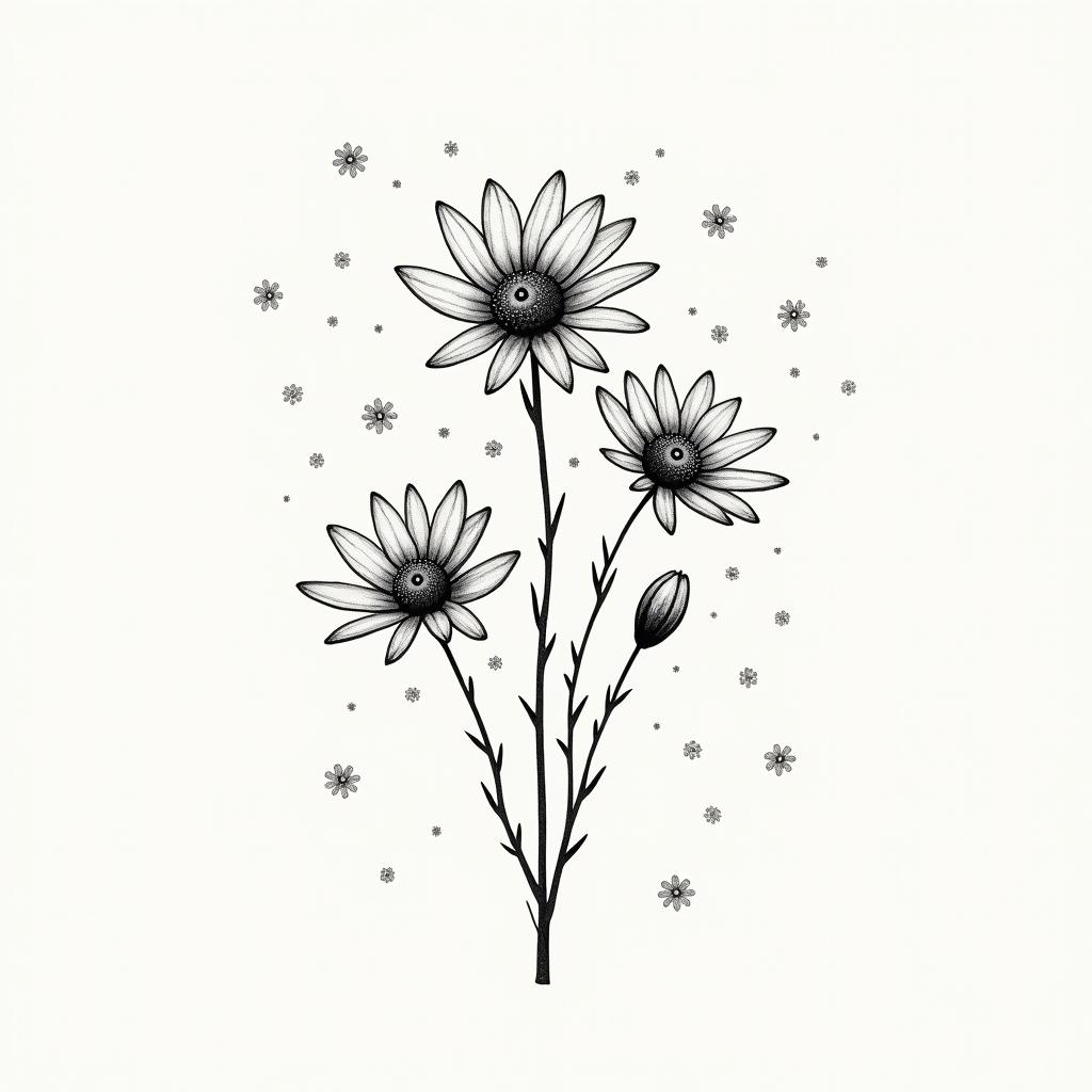 Tattoo design of forget-me-not flowers mixed with stars, capturing hope and beauty. Rendered in minimal monochrome style, featuring the lyrics: 'and if you get lost in the light it’s okay, I can see in the dark.'undefined
