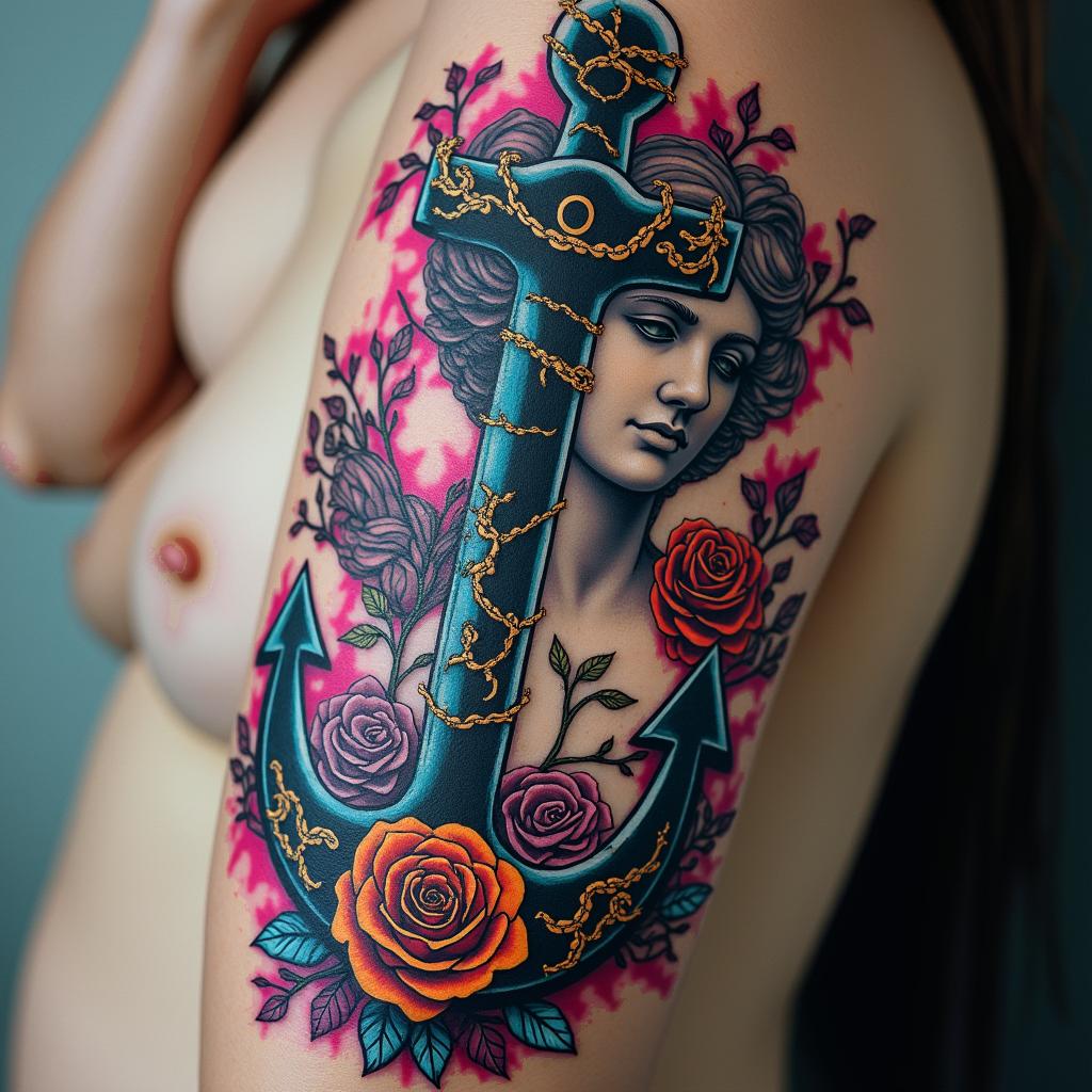 Anchor entwined with roses and thornsin distorted and fragmented tattoo design, featuring a classical statue bust, in a glitch art style with vibrant, overlapping colors of cyan, magenta, and yellow, creating a digital distortion effect - Variation 2