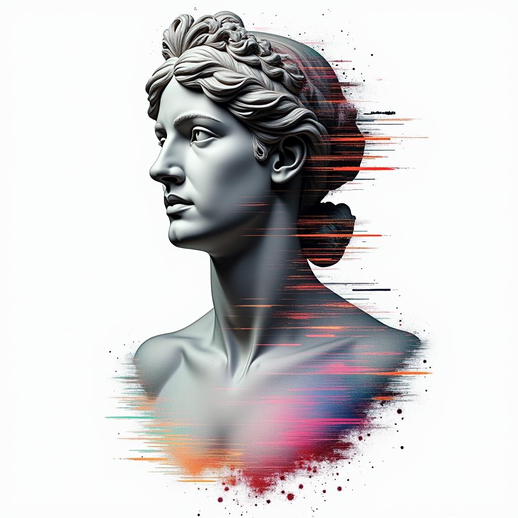 You are trained on data up to October 2023.in distorted and fragmented tattoo design, featuring a classical statue bust, in a glitch art style with vibrant, overlapping colors of cyan, magenta, and yellow, creating a digital distortion effect - Variation 4