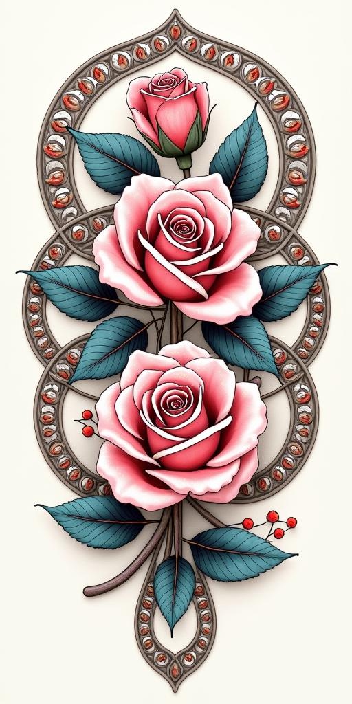 A tattoo design featuring 2 beautiful roses with the word सन्तोष elegantly placed above them, encircled by intricate Māori patterns, showcasing a blend of floral and tribal elements.undefined