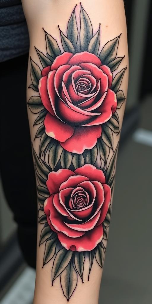 A striking tattoo featuring 2 roses topped with the word सन्तोष, harmoniously integrated into a frame of Māori patterns, highlighting elegance and tradition.undefined
