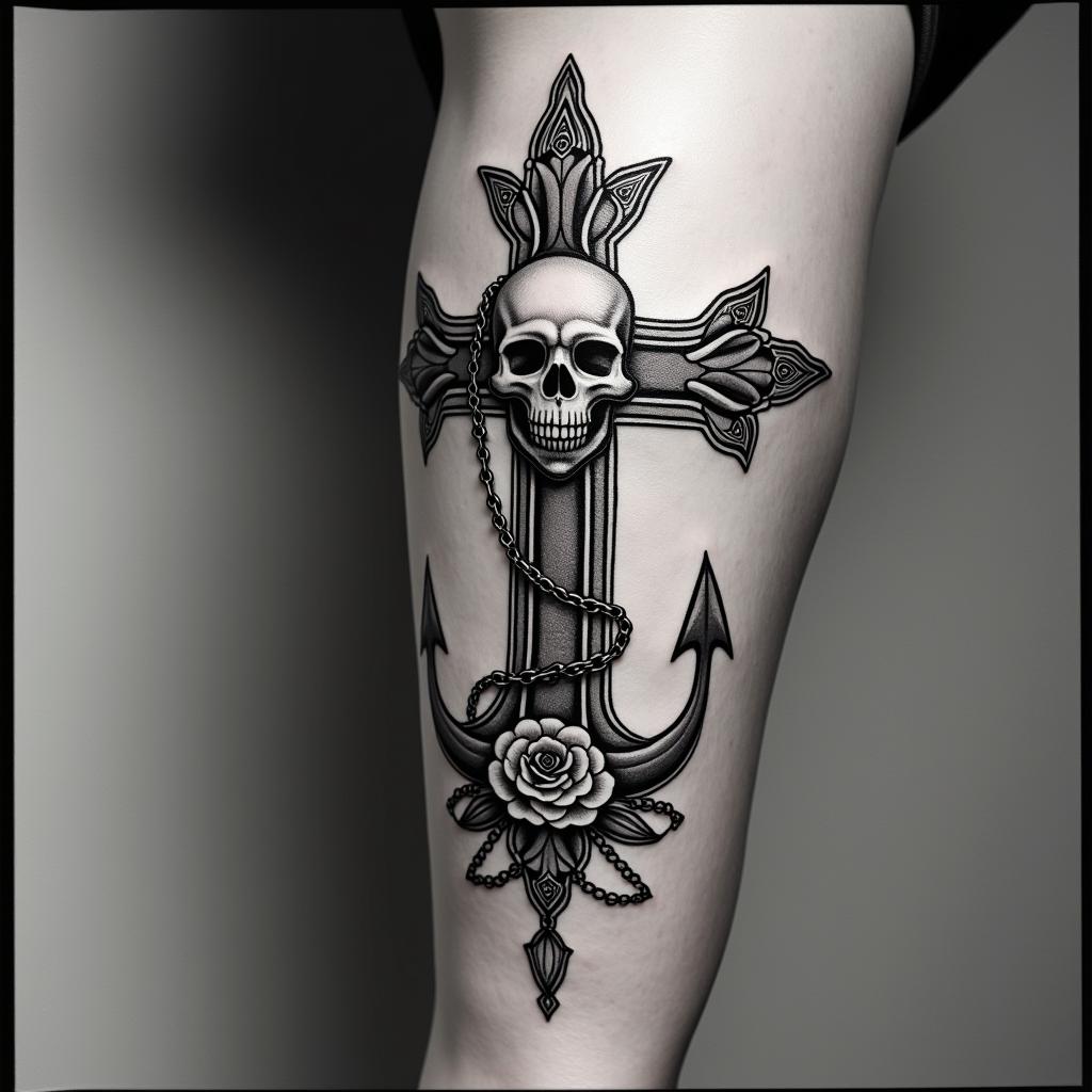 Yo quiero como un dragón con su hija in chicano style tattoo, featuring intricate black and grey shading, bold elements of traditional chicano culture symbols, add a big cross with skull, chains and roses