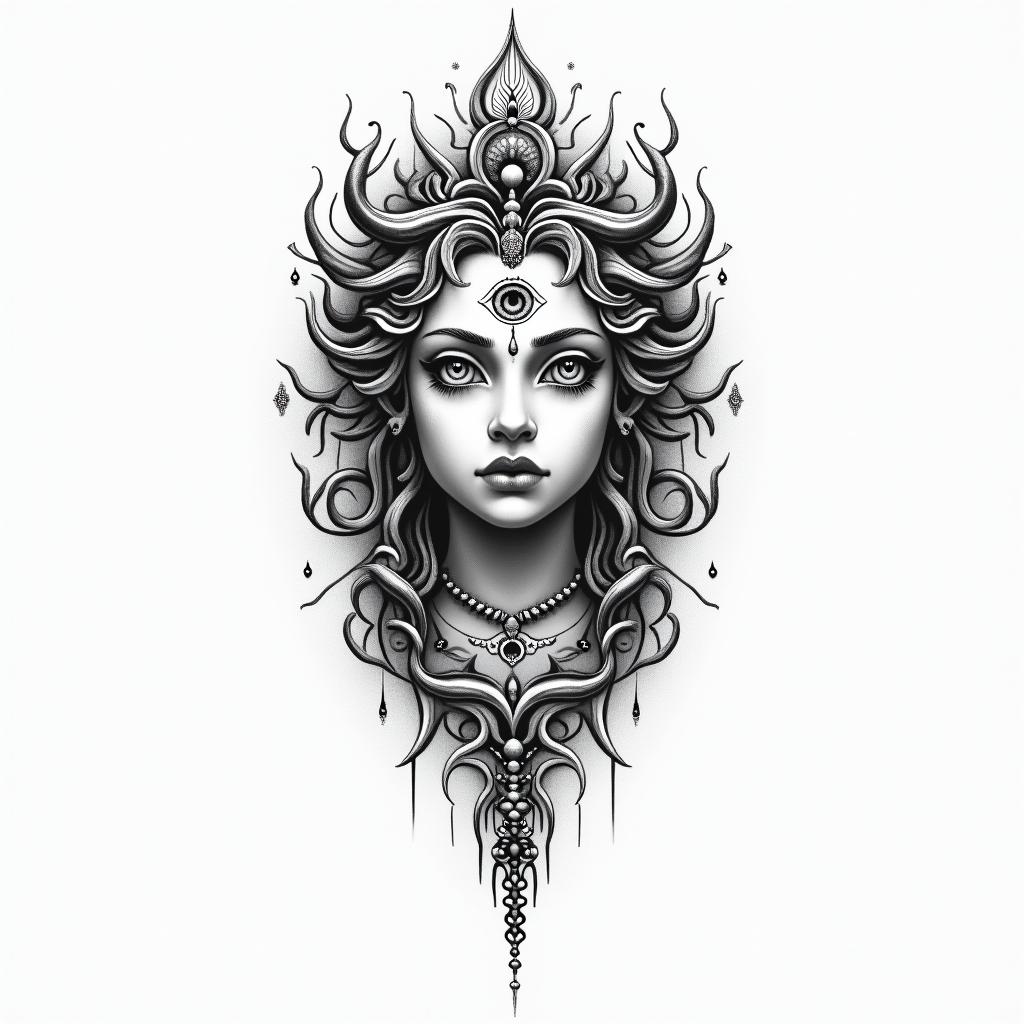 Medusa, childin spiritual symbols tattoo style, featuring an intricate design incorporating elements, Hamsa hand, third eye, minimalist composition - Variation 2