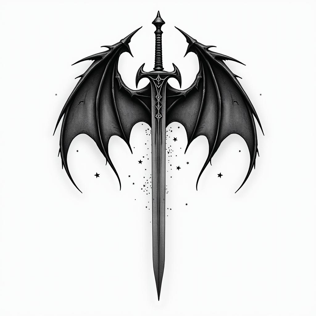 Unique demon wings on back with sword down the spinetext-based tattoo, gothic font ultra-realistic, perfectly placed, high-quality font design, photo-realistic shading, 8k, high quality, finely detailed typography - Variation 2