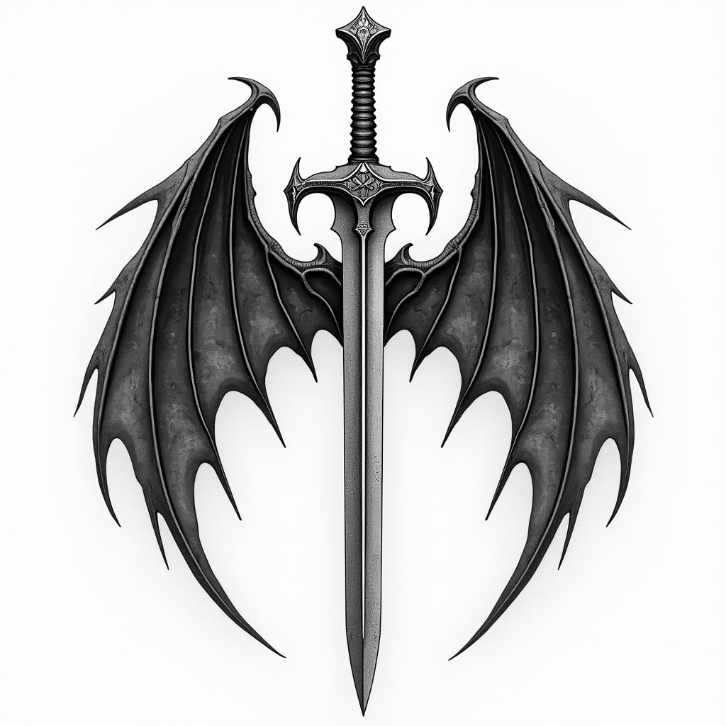 Unique demon wings on back with sword down the spinetext-based tattoo, gothic font ultra-realistic, perfectly placed, high-quality font design, photo-realistic shading, 8k, high quality, finely detailed typography - Variation 4