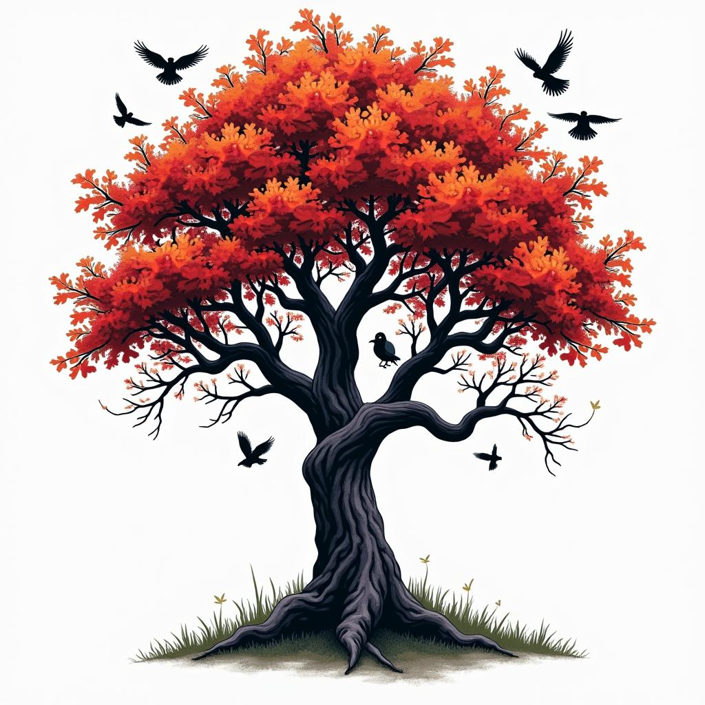 Angry orchard tree with disappearing birdsin pop art style tattoo, featuring bold and vibrant colors, exaggerated outlines, iconic imagery, inspired by comic books and speech bubbles, comic book characters, retro pop culture