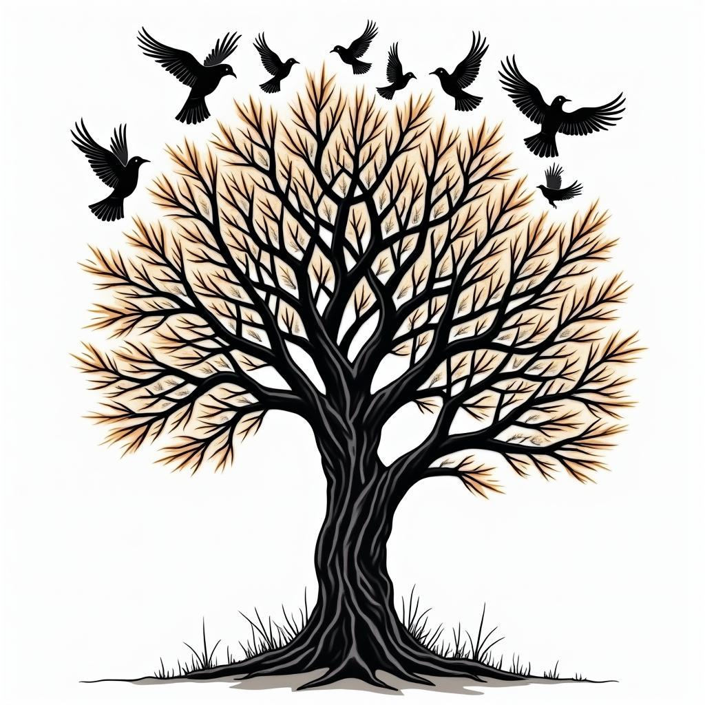 Angry orchard tree with disappearing birdsin pop art style tattoo, featuring bold and vibrant colors, exaggerated outlines, iconic imagery, inspired by comic books and speech bubbles, comic book characters, retro pop culture - Variation 3