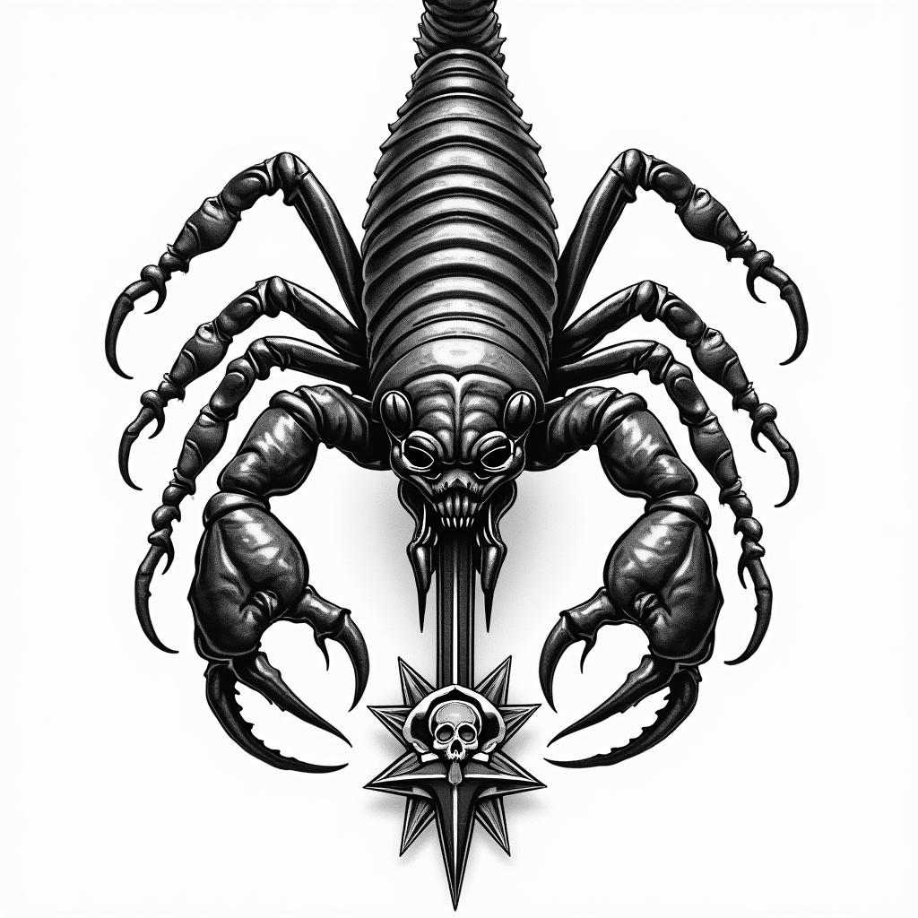 Scorpion with sharp and detailed clawsin chicano style tattoo, featuring intricate black and grey shading, bold elements of traditional chicano culture symbols, add a big cross with skull, chains and roses - Variation 3