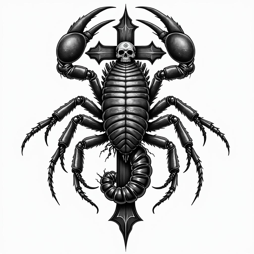 Scorpion with sharp and detailed clawsin chicano style tattoo, featuring intricate black and grey shading, bold elements of traditional chicano culture symbols, add a big cross with skull, chains and roses