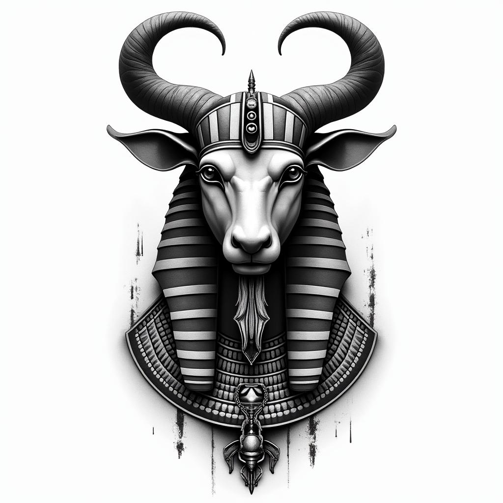 Taurus lover of animalsin egyptian style tattoo, bold elements of ancient egyptian culture including a portrait of an Egyptian pharaoh with detailed facial features, in hieroglyphs and symbolic imagery, eye of horus, ankh symbol, scarab beetle - Variation 2