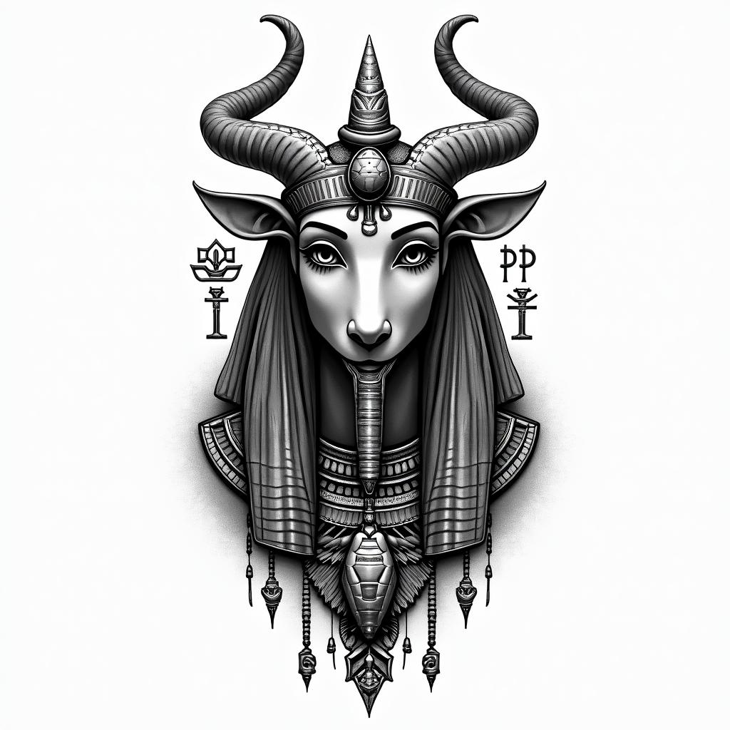 Taurus lover of animalsin egyptian style tattoo, bold elements of ancient egyptian culture including a portrait of an Egyptian pharaoh with detailed facial features, in hieroglyphs and symbolic imagery, eye of horus, ankh symbol, scarab beetle - Variation 3