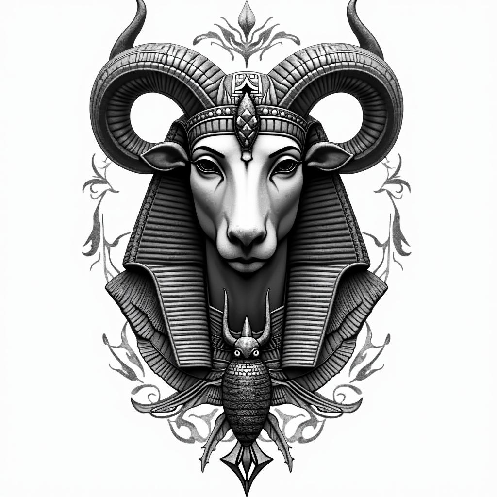 Taurus lover of animalsin egyptian style tattoo, bold elements of ancient egyptian culture including a portrait of an Egyptian pharaoh with detailed facial features, in hieroglyphs and symbolic imagery, eye of horus, ankh symbol, scarab beetle - Variation 4