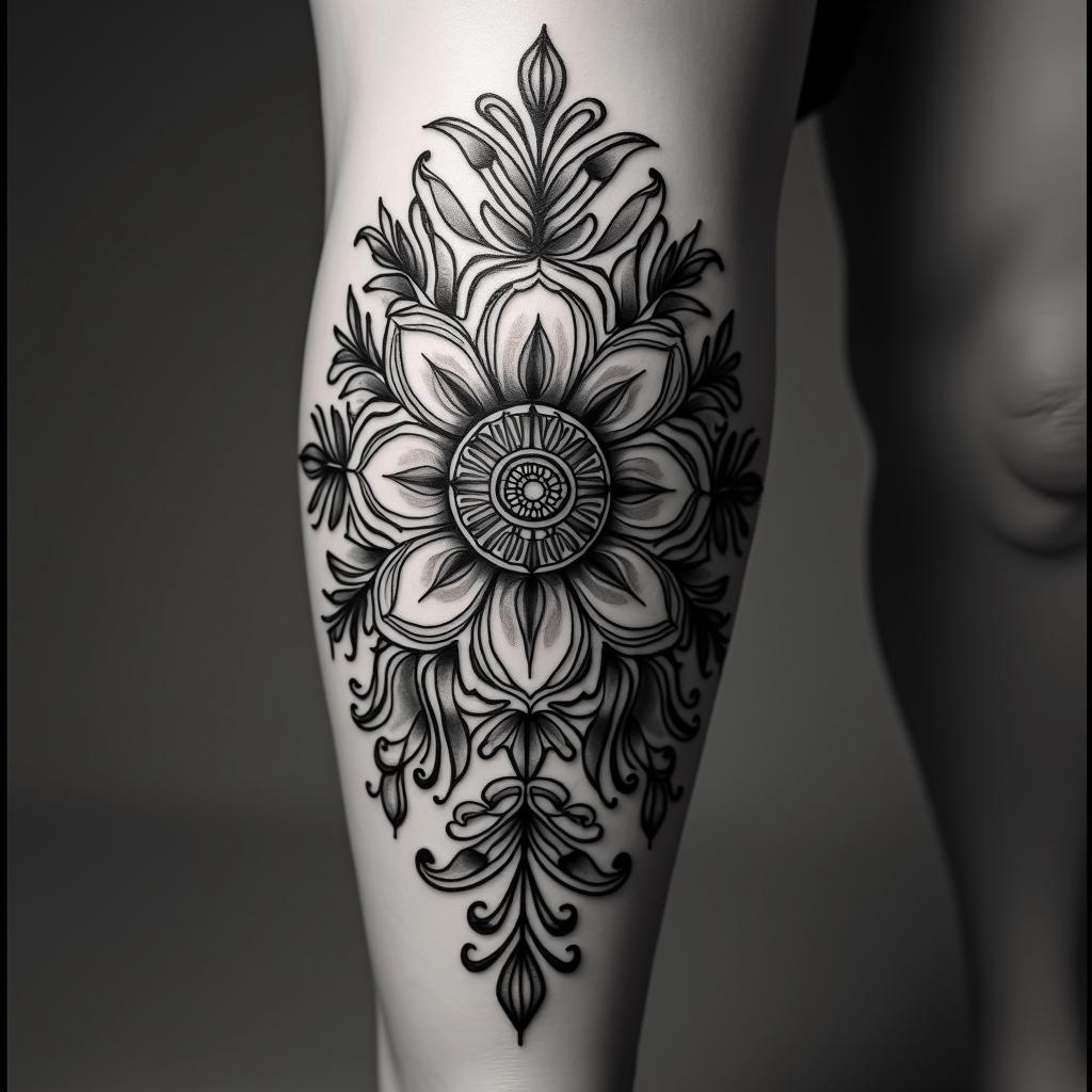 Gypsy memorial tattooin ornamental tattoo style, featuring intricate symmetrical patterns and floral designs, showcasing highly detailed line work and geometric shapes, creating a sense of elegance and balance
