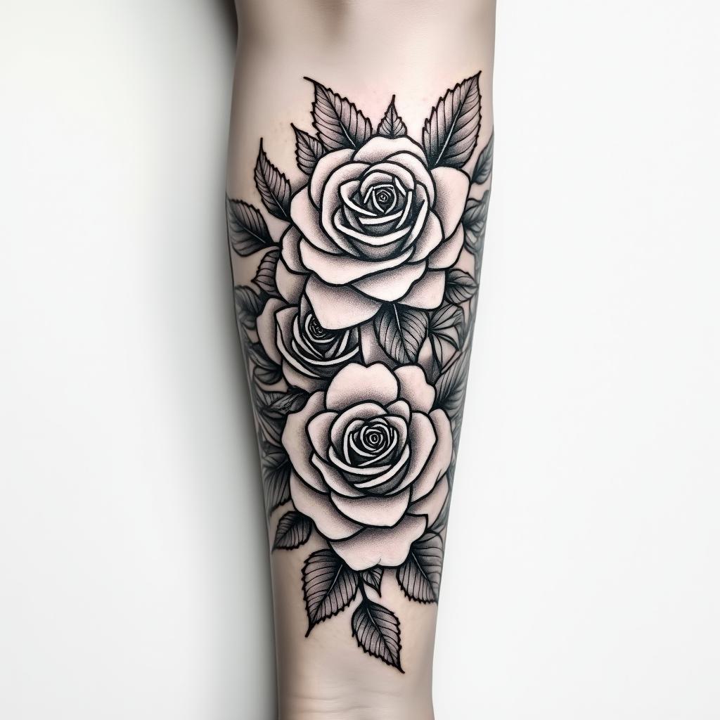 Forearm tattoo. With roses of different sizes but not too big. Fine lines.higly detailed tattoo - Variation 3