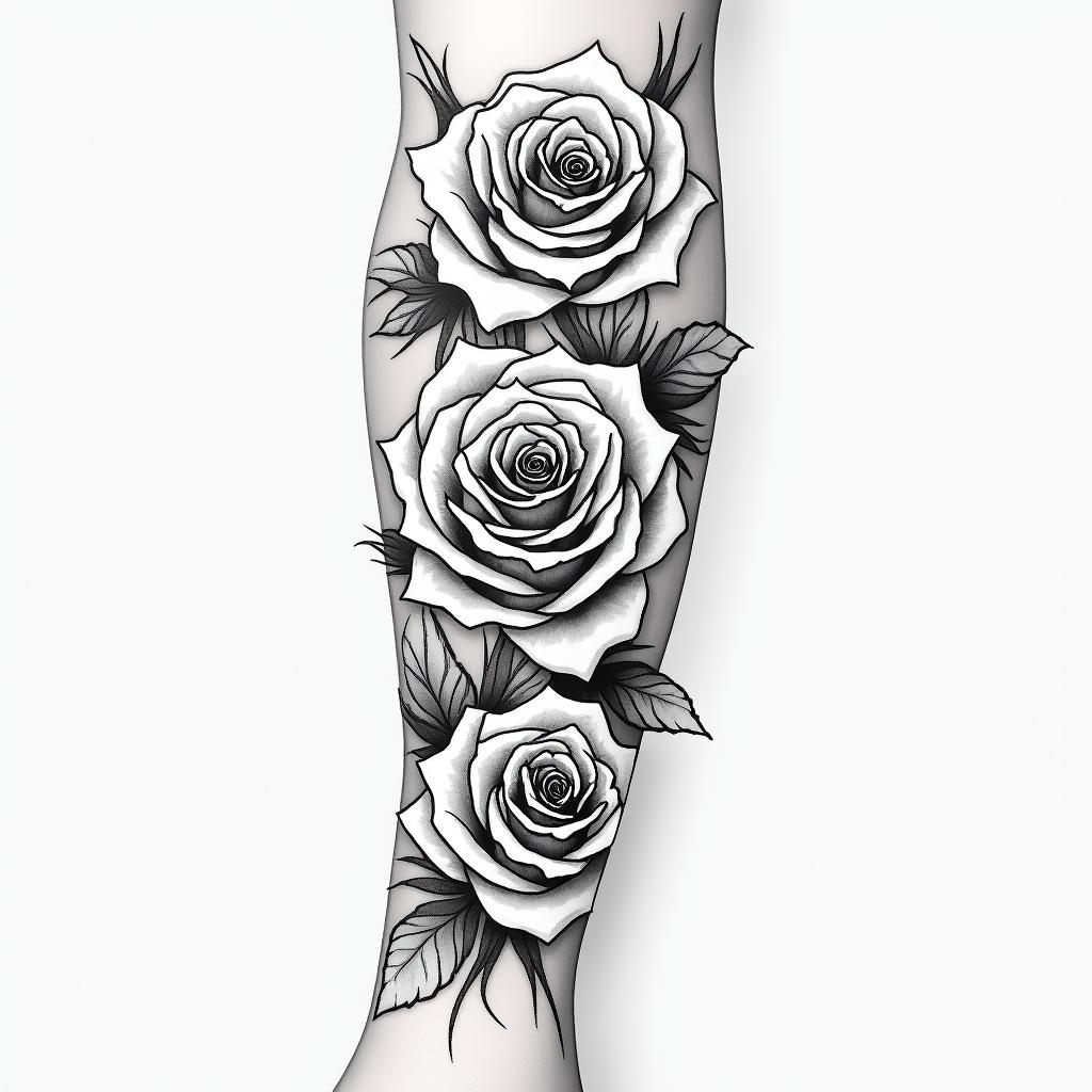 Forearm tattoo. With roses of different sizes but not too big. Fine lines.higly detailed tattoo