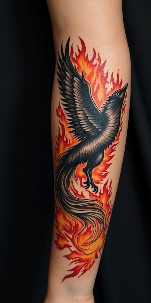 arm cover up, phoenix mix with wolfin flame tattoo style showcasing fiery elements with dynamic flame patterns, glowing effect of flames, natural colors - Variation 10