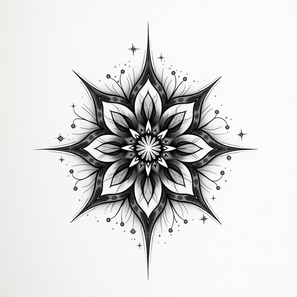 Bubbles 
sparkle simple in geometric style tattoo, blending hexagons, mandala-inspired patterns, symmetrical and fractal design, clean lines, sharp angles - Variation 2