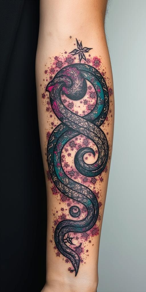 "A symbolic blackwork tattoo design, representing eternity and immortality, featuring an endless ouroboros (snake eating its own tail), interwoven with celestial elements like stars, moons, and galaxies. Include ancient runes or sacred geometry (e.g., flower of life or infinity knot). Fine line style, mystical and elegant, high contrast, no colors, detailed and sharp."
in distorted and fragmented tattoo design, featuring a classical statue bust, in a glitch art style with vibrant, overlapping colors of cyan, magenta, and yellow, creating a digital distortion effect