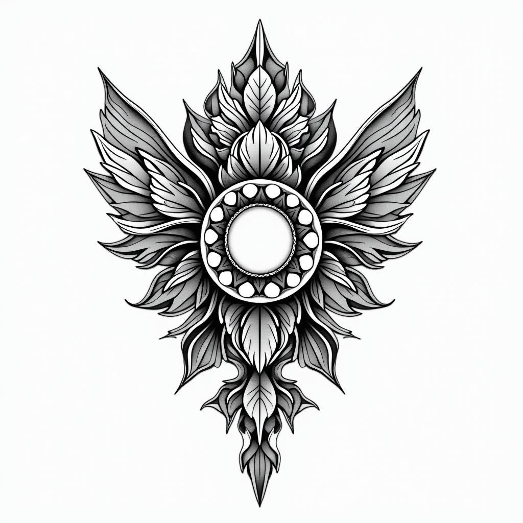 2 black and white tattoos and the word Santosha in a geometric patternhigly detailed tattoo - Variation 2