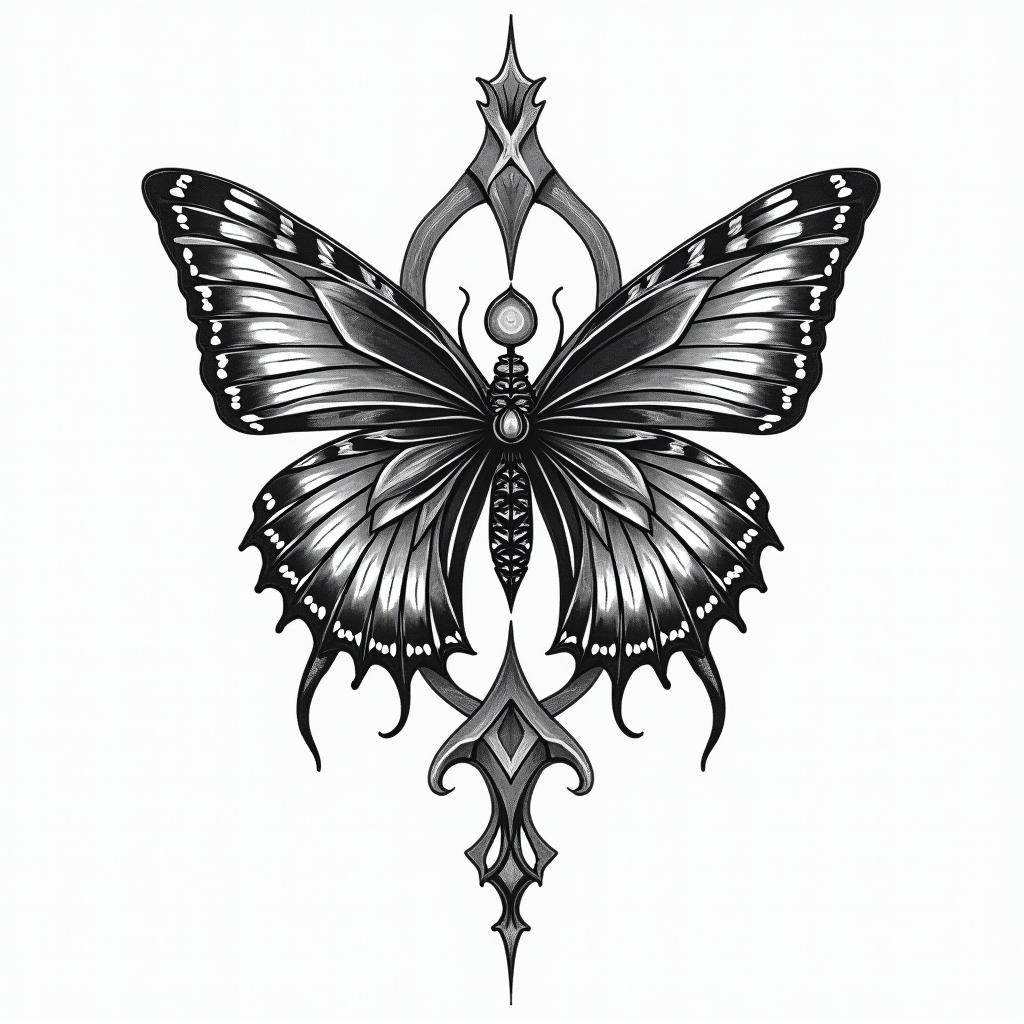 2 black and white tattoos and the word Santosha in a geometric patternhigly detailed tattoo - Variation 4