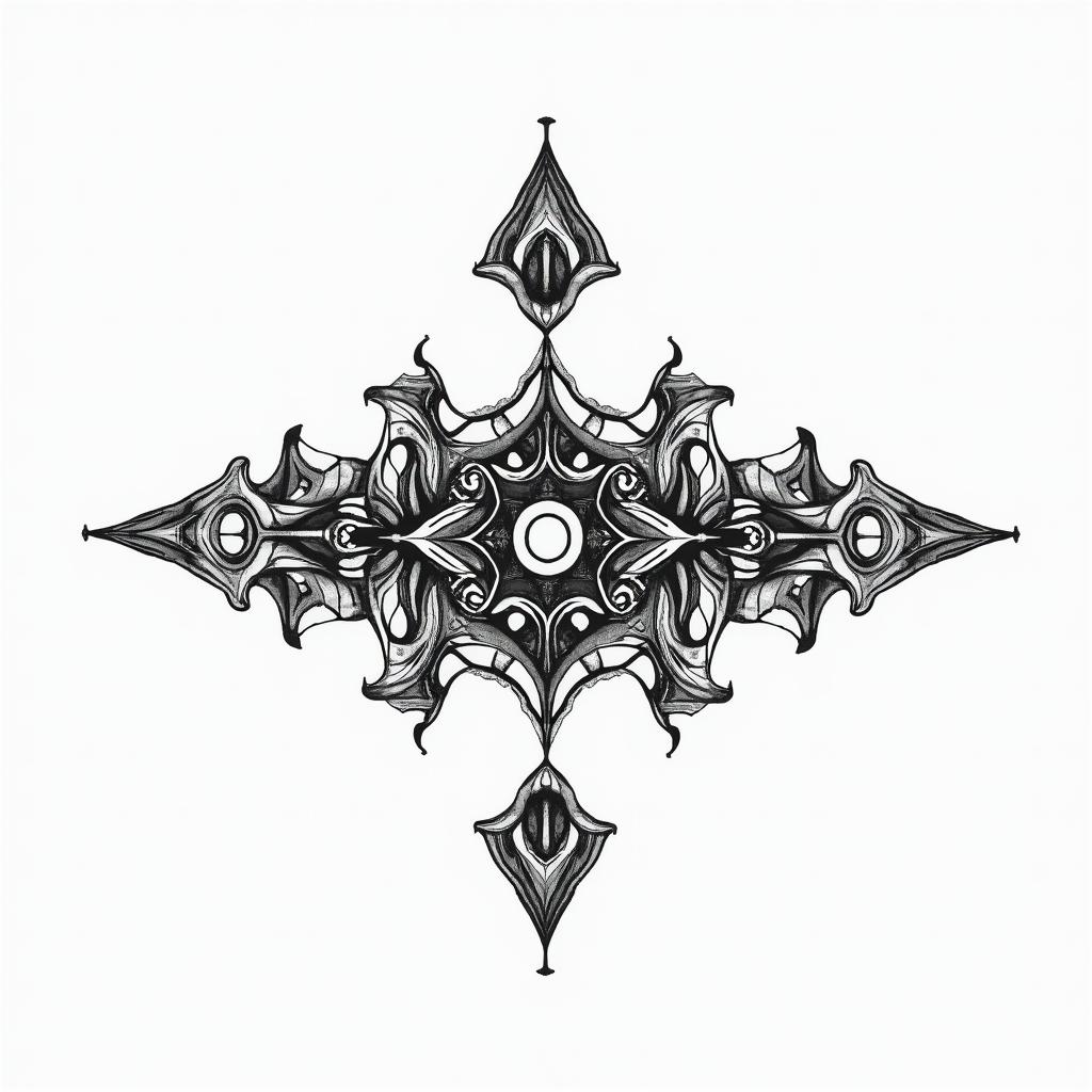 2 black and white tattoos and the word Santosha in a geometric patternhigly detailed tattoo