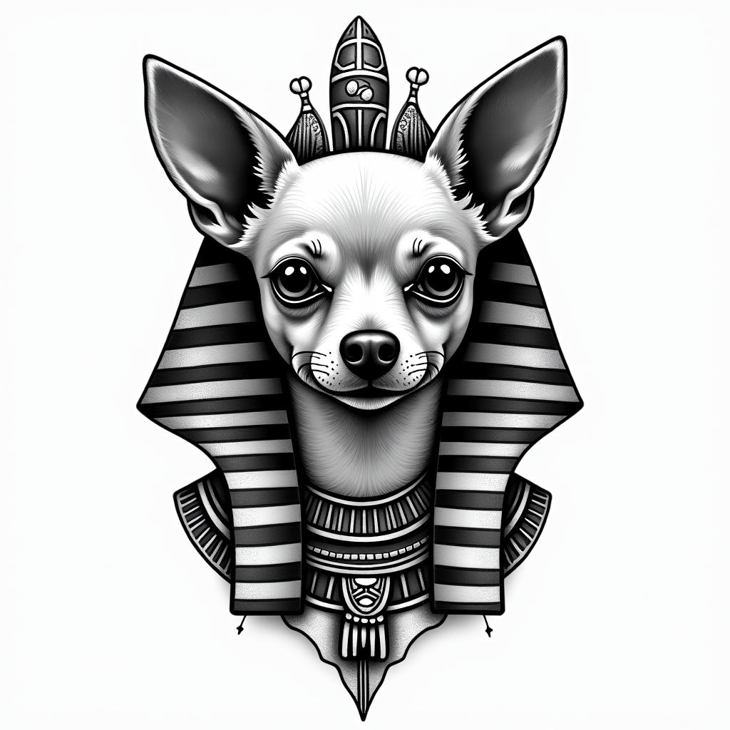 A Chihuahua dogin egyptian style tattoo, bold elements of ancient egyptian culture including a portrait of an Egyptian pharaoh with detailed facial features, in hieroglyphs and symbolic imagery, eye of horus, ankh symbol, scarab beetle - Variation 4