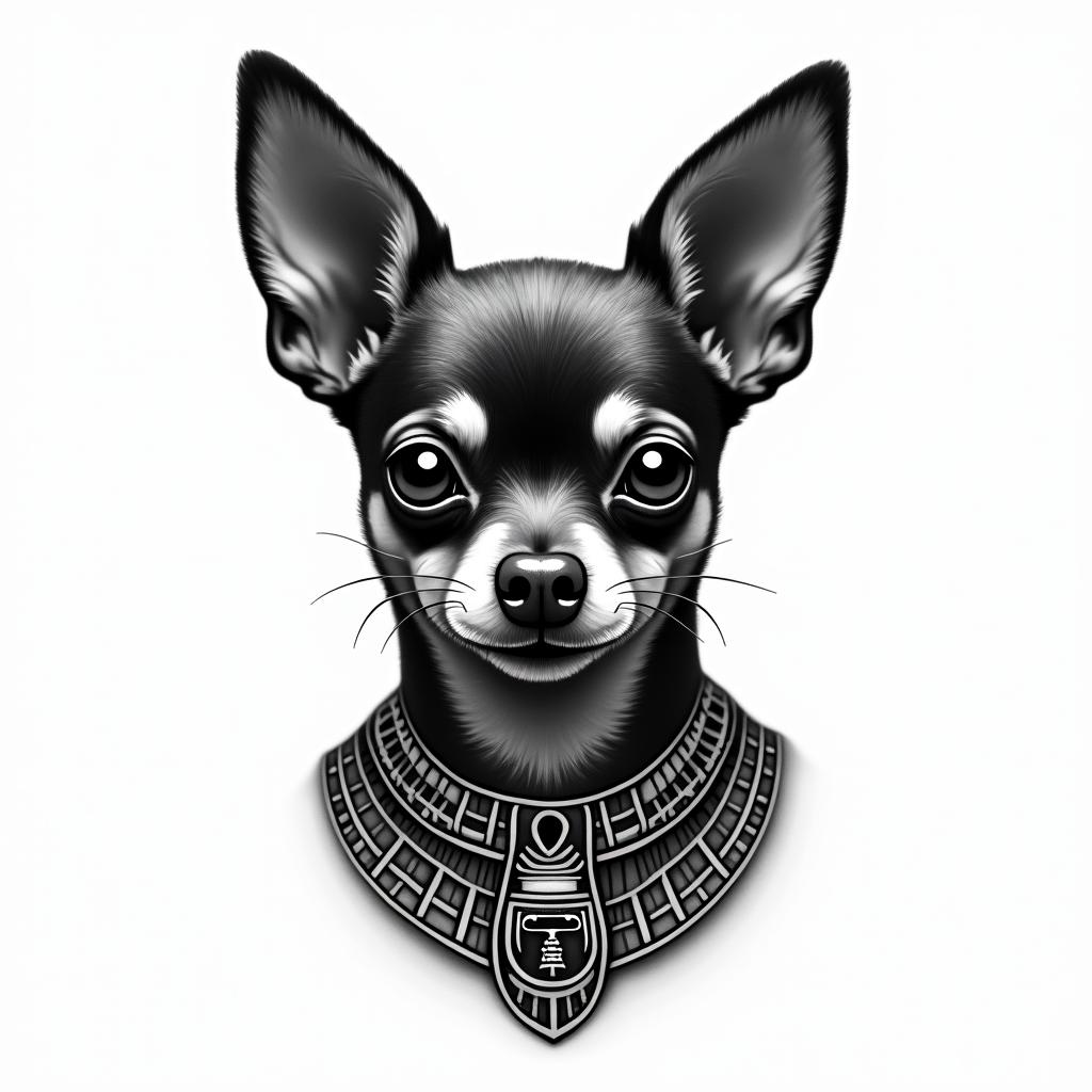 A Chihuahua dogin egyptian style tattoo, bold elements of ancient egyptian culture including a portrait of an Egyptian pharaoh with detailed facial features, in hieroglyphs and symbolic imagery, eye of horus, ankh symbol, scarab beetle