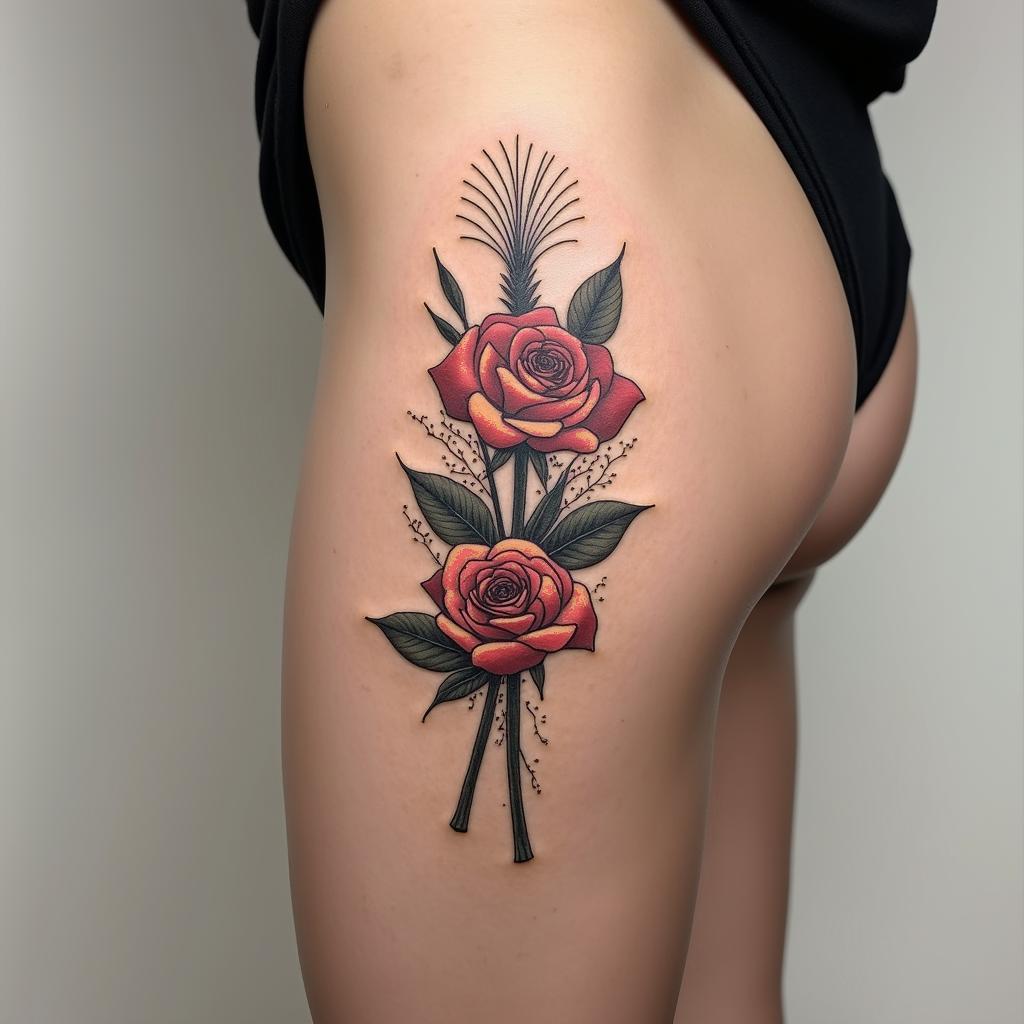 A minimalist tattoo design featuring floral roses, positioned on the lateral thigh, with a subtle fan motif in the background.undefined - Variation 1