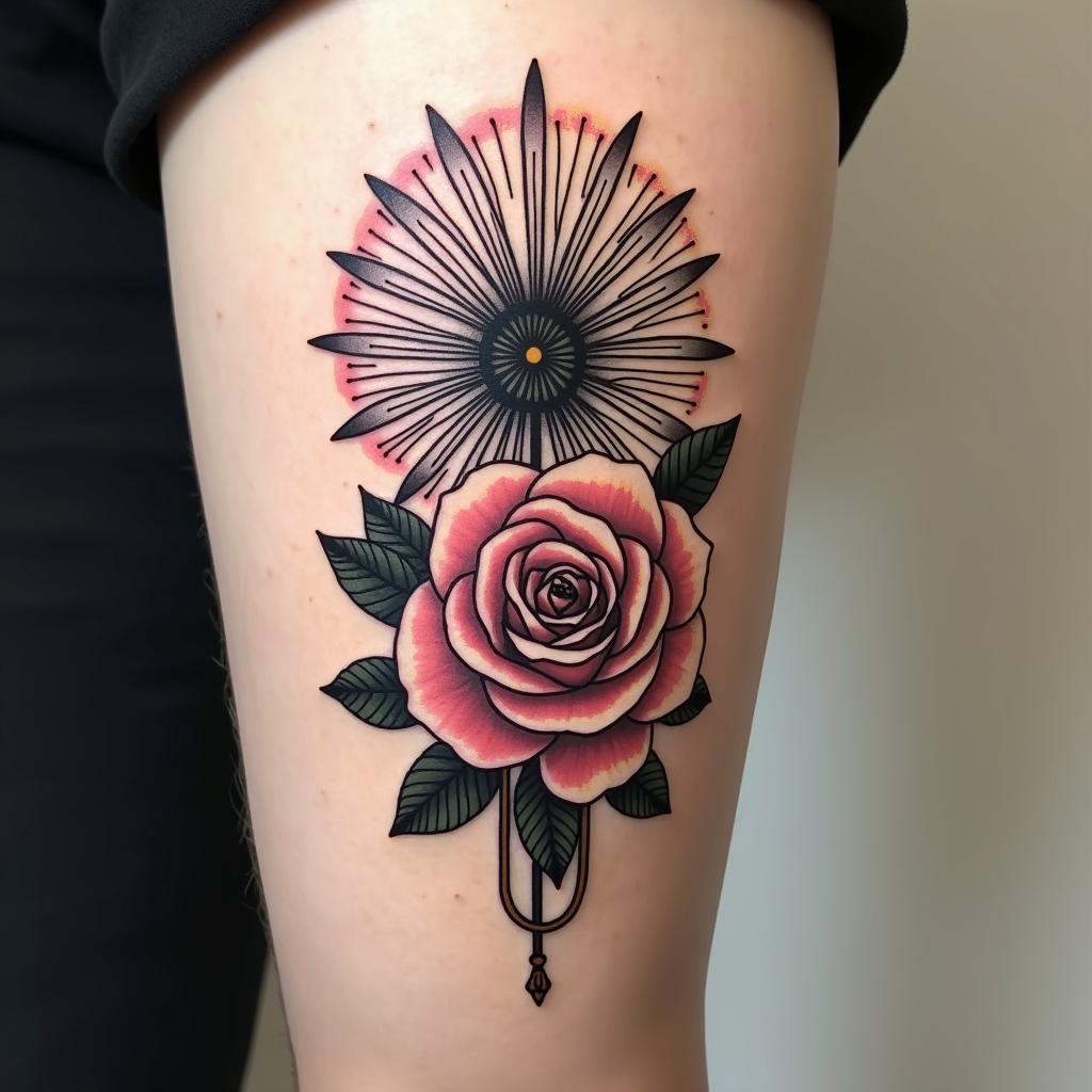 A clean and modern tattoo art piece focusing on roses and a fan, designed for the lateral coxa area.undefined