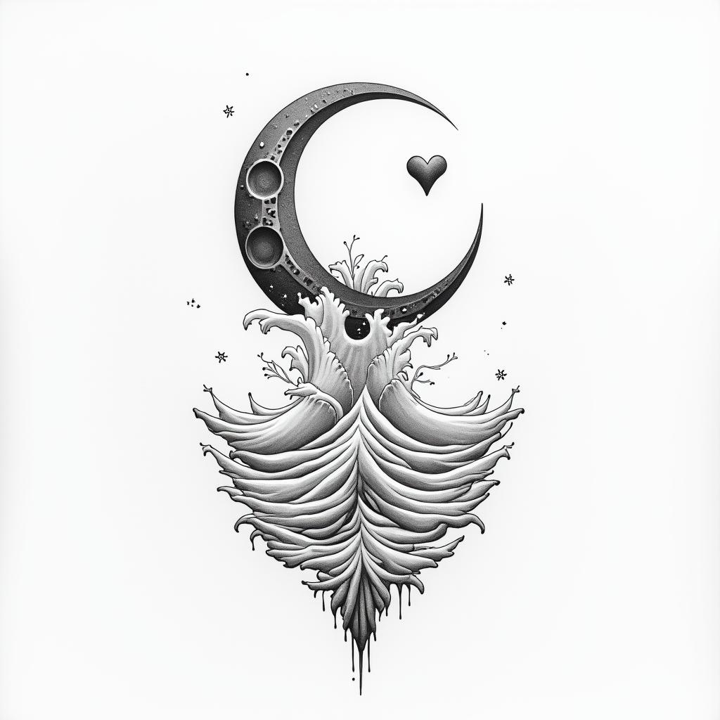 Frank William Campbell 88 moon water controlled chaosin Modest style tattoo, featuring soft, delicate line work with simple and meaningful symbols, gentle waves, a heart, evoking a sense of serenity and grace, - Variation 2