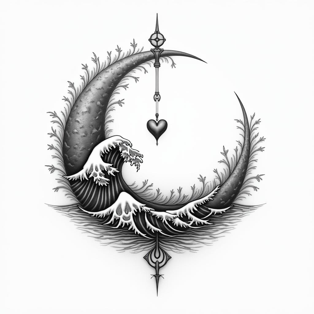 Frank William Campbell 88 moon water controlled chaosin Modest style tattoo, featuring soft, delicate line work with simple and meaningful symbols, gentle waves, a heart, evoking a sense of serenity and grace, - Variation 3