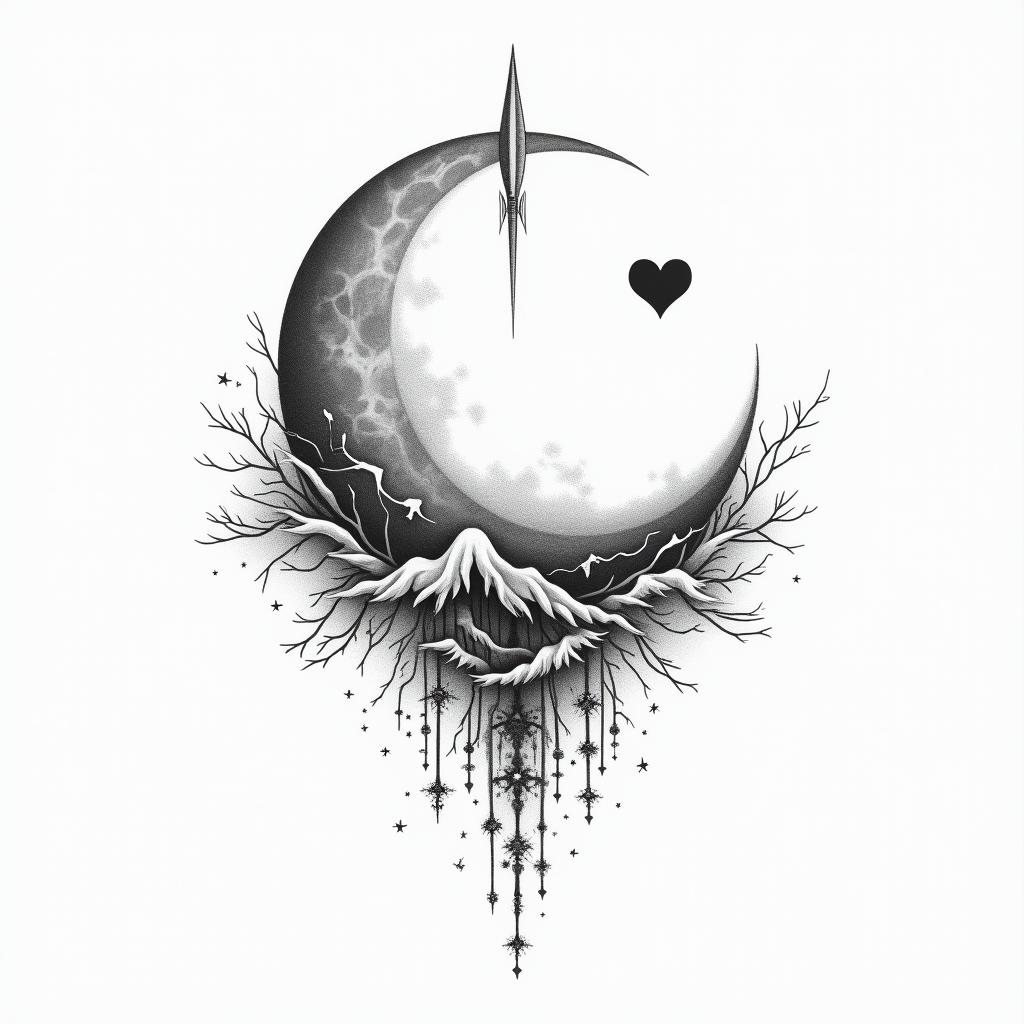Frank William Campbell 88 moon water controlled chaosin Modest style tattoo, featuring soft, delicate line work with simple and meaningful symbols, gentle waves, a heart, evoking a sense of serenity and grace,
