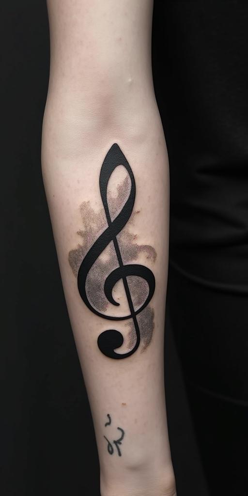I love music. Therefore, I would like a tattoo with the words "Music was my first love."in realism tattoo style, featuring a highly detailed, lifelike, capturing every detail, photorealistic, ultra realistic, intricate shading, smooth and sharp,  