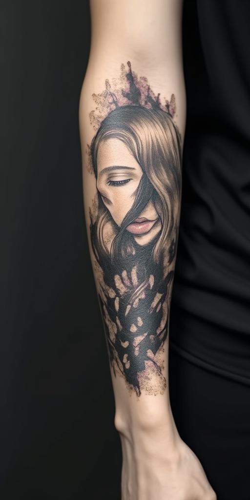 I love music. Therefore, I would like a tattoo with the words "Music was my first love."in realism tattoo style, featuring a highly detailed, lifelike, capturing every detail, photorealistic, ultra realistic, intricate shading, smooth and sharp,   - Variation 4