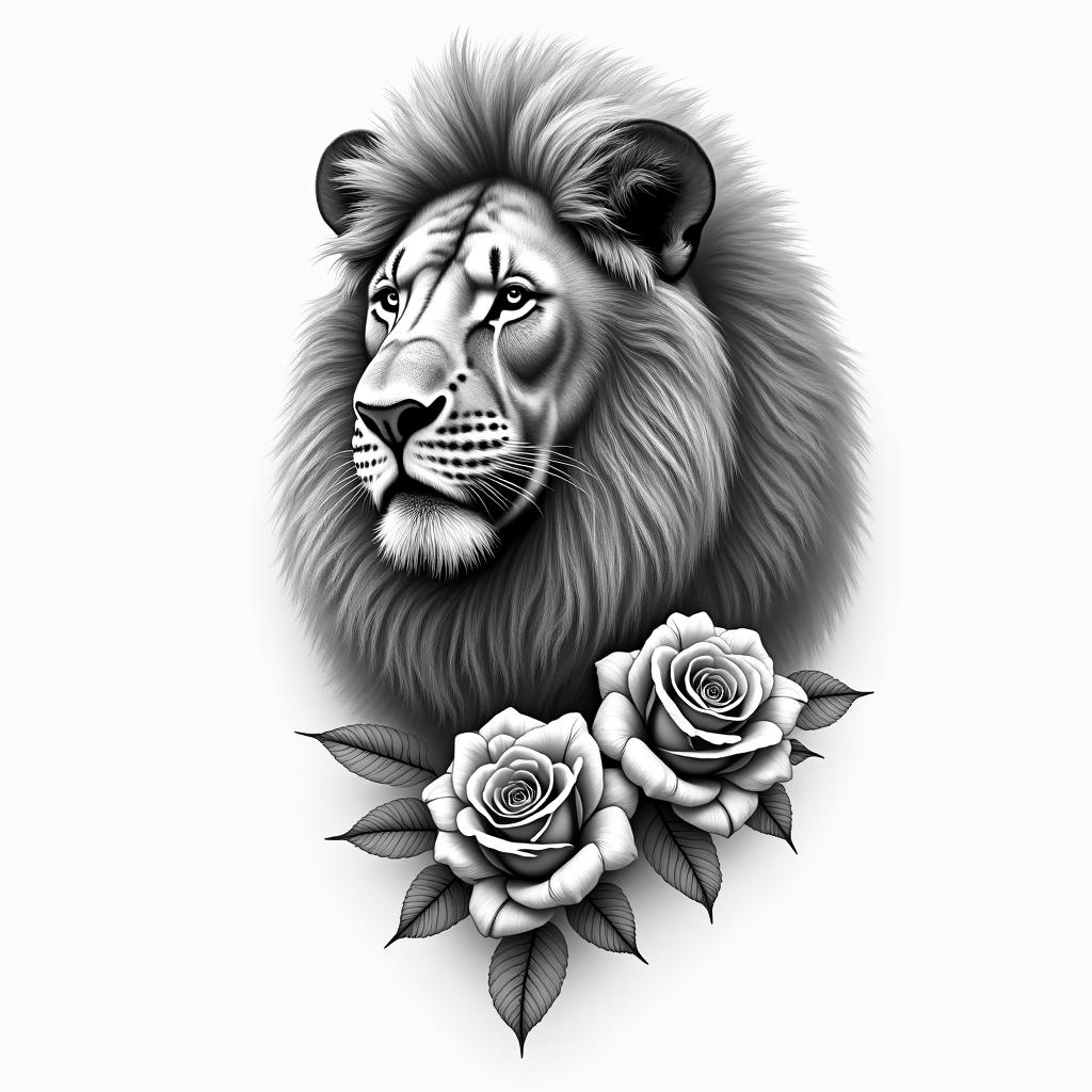 A majestic lioness surrounded by beautiful roses, symbolizing maternal strength and cherished moments with children, with the word "Força" elegantly integrated into the design.higly detailed tattoo
