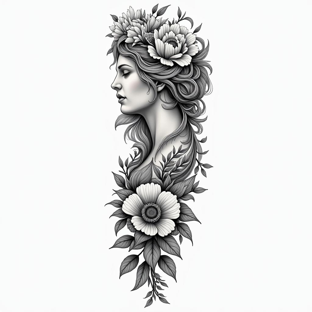 I want a full arm sleeve with flowers, nature, and Aphroditehigly detailed tattoo - Variation 8