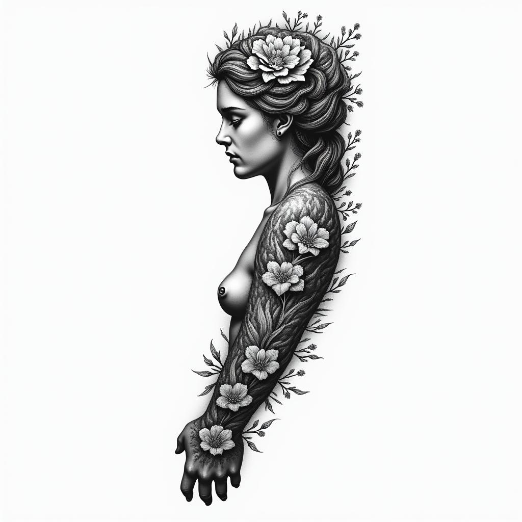 I want a full arm sleeve with flowers, nature, and Aphroditehigly detailed tattoo - Variation 5
