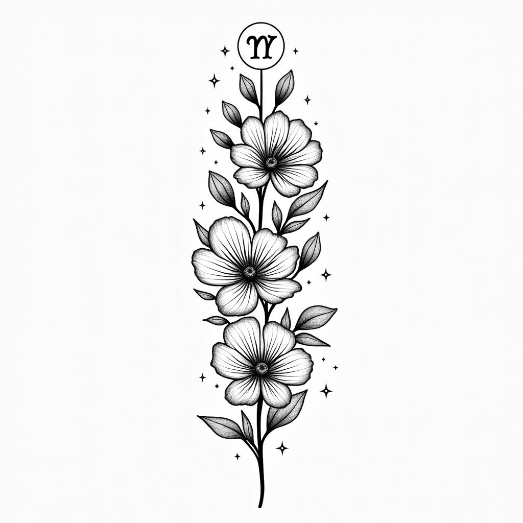 A minimalist fine line tattoo design featuring a mini bouquet of peonies, tulips, and zinnias with delicate floral detailing. Incorporated into the design is an Aquarius symbol, intertwined with stars to add a celestial aspect. The number 7 is subtly included, representing a lucky number, creating a harmonious and elegant tattoo for the spine.higly detailed tattoo