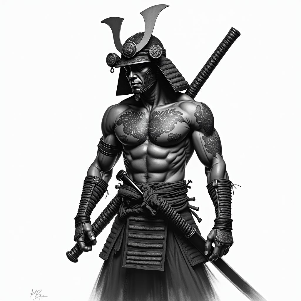 Samurai with a katanahigly detailed tattoo - Variation 8