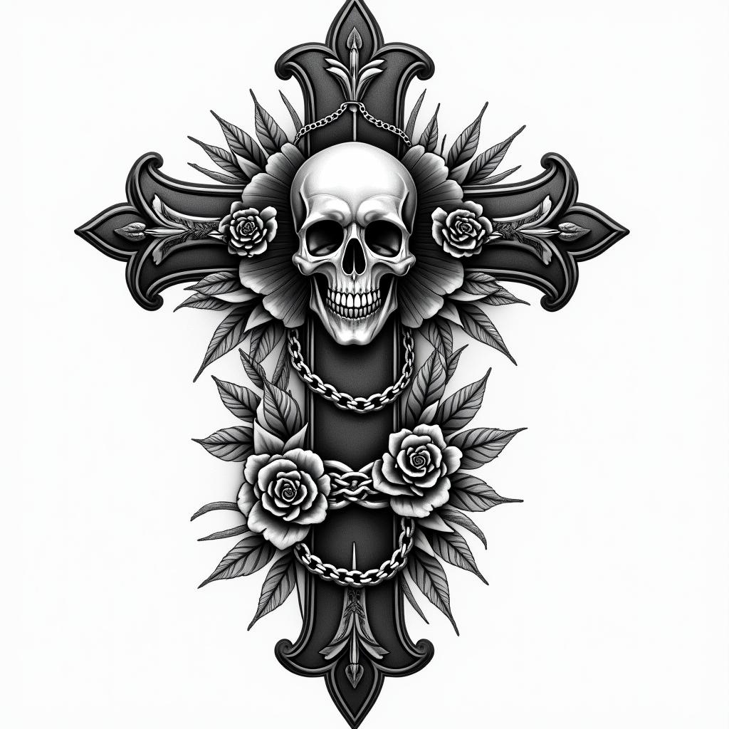 Fighterin chicano style tattoo, featuring intricate black and grey shading, bold elements of traditional chicano culture symbols, add a big cross with skull, chains and roses - Variation 1