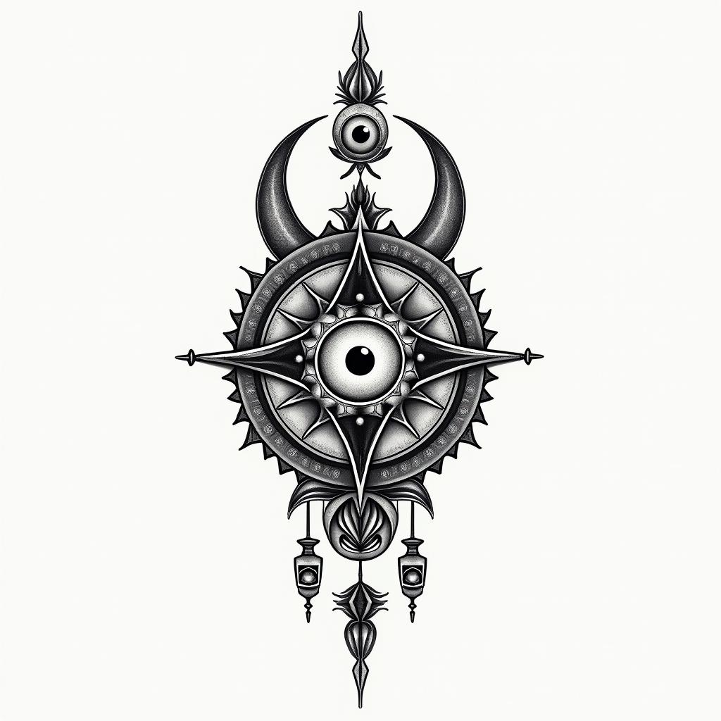 Renaissance paintingin spiritual symbols tattoo style, featuring an intricate design incorporating elements, Hamsa hand, third eye, minimalist composition - Variation 4