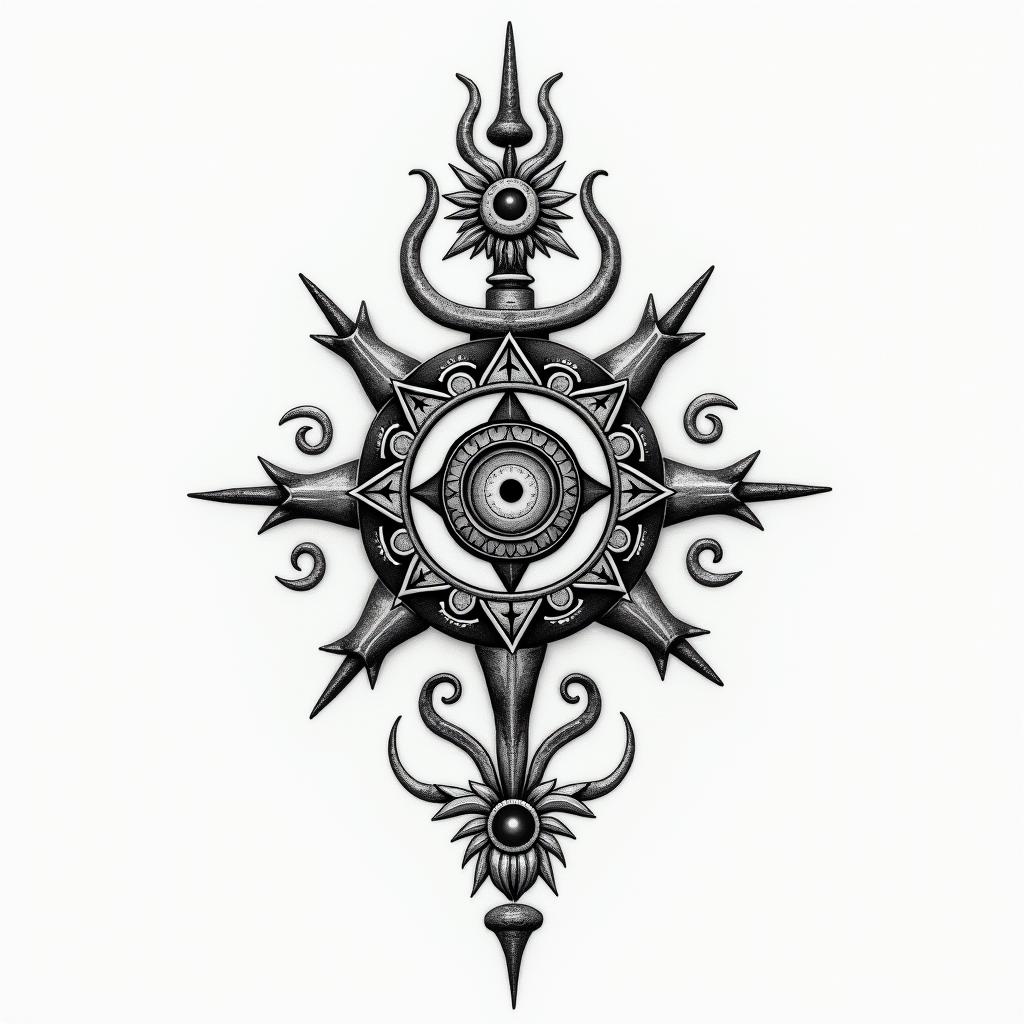 Renaissance paintingin spiritual symbols tattoo style, featuring an intricate design incorporating elements, Hamsa hand, third eye, minimalist composition