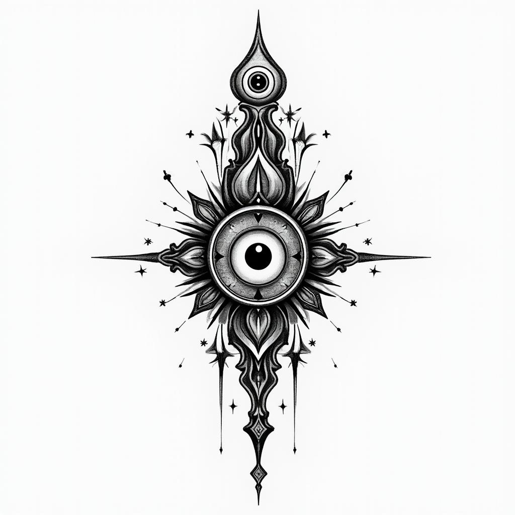 Renaissance paintingin spiritual symbols tattoo style, featuring an intricate design incorporating elements, Hamsa hand, third eye, minimalist composition - Variation 2