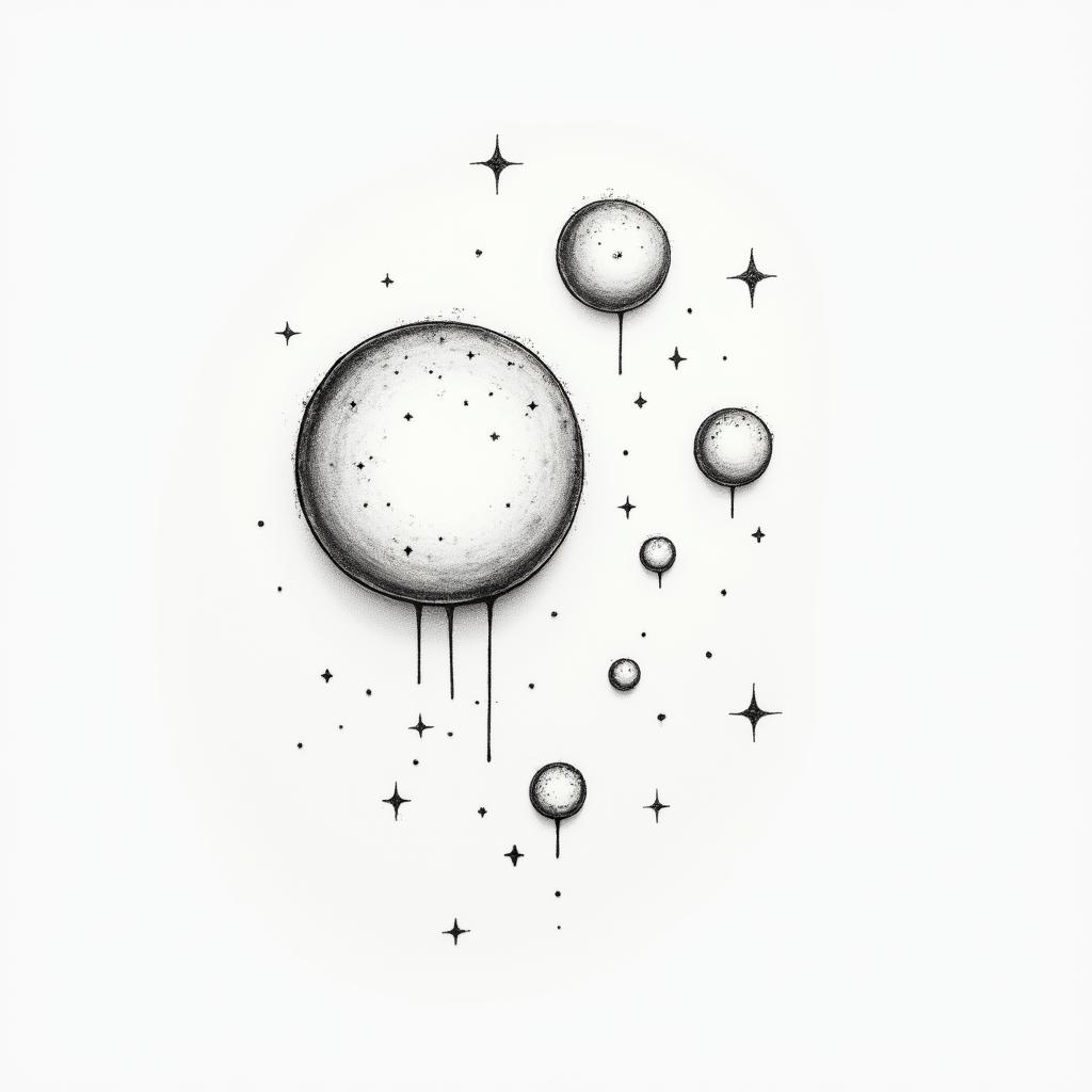 Bubbles sparkle quirkyin minimalist style tattoo, featuring simple shapes and fine lines, with minimal shading and details, tiny triangles, creating a sense of balance and harmony