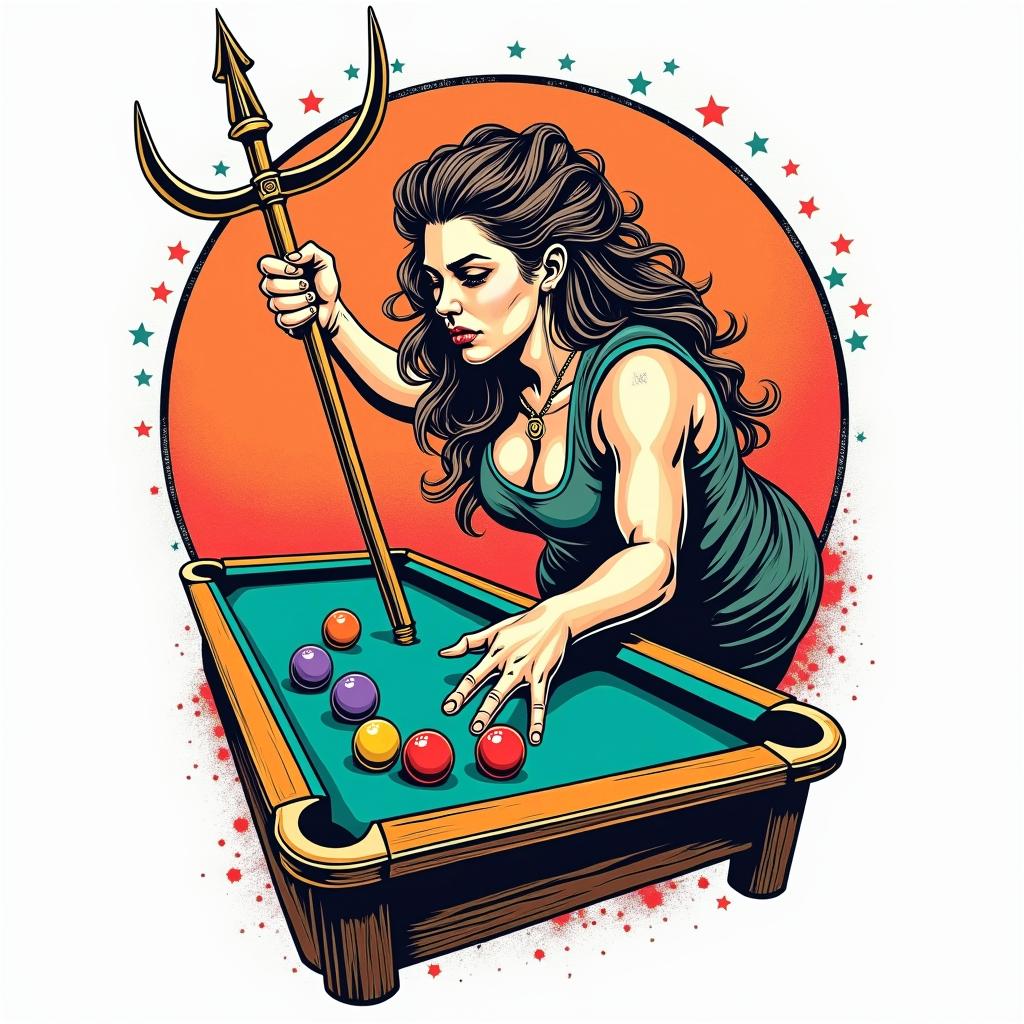 SCC, billiards, Sagittariusin pop art style tattoo, featuring bold and vibrant colors, exaggerated outlines, iconic imagery, inspired by comic books and speech bubbles, comic book characters, retro pop culture