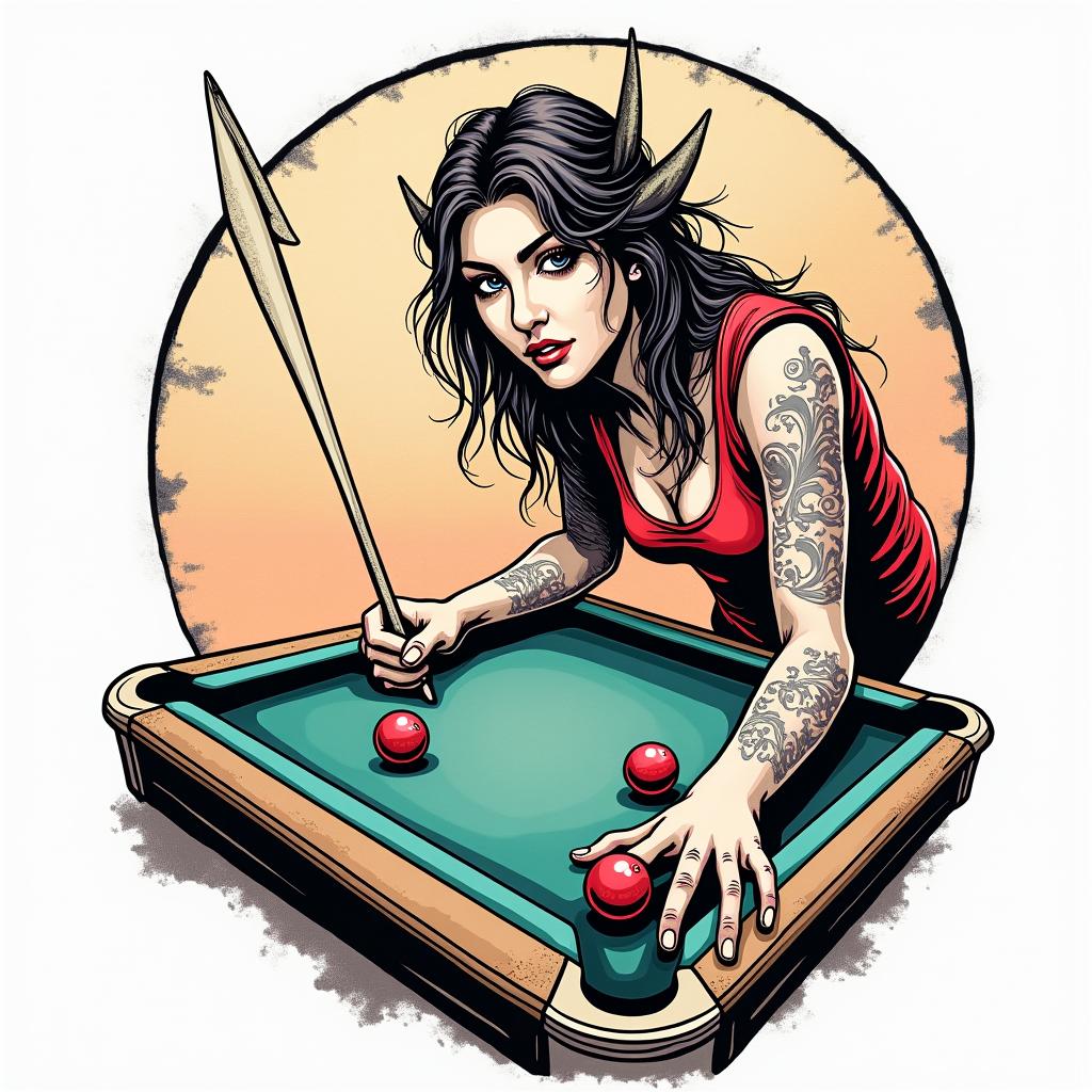 SCC, billiards, Sagittariusin pop art style tattoo, featuring bold and vibrant colors, exaggerated outlines, iconic imagery, inspired by comic books and speech bubbles, comic book characters, retro pop culture - Variation 2